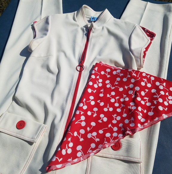 VTG Jumpsuit 1960's White Red Cherry 70's S - Picture 3 of 9